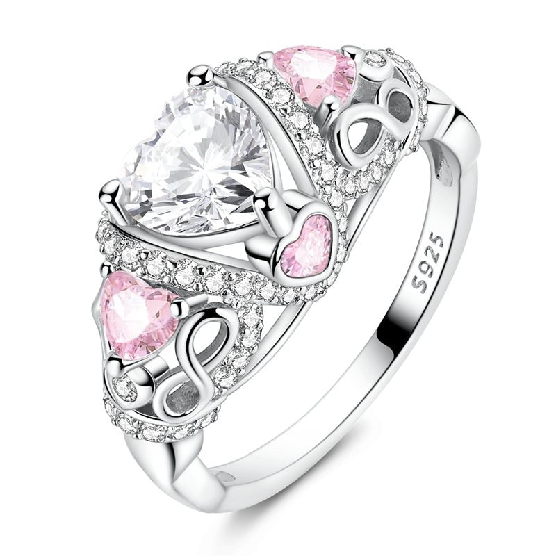 Pangama Jewelry Sparkling Crown Ring with Pink and Clear Heart - Shaped Stones