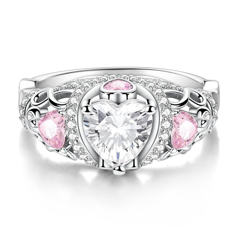 Pangama Jewelry Sparkling Crown Ring with Pink and Clear Heart - Shaped Stones