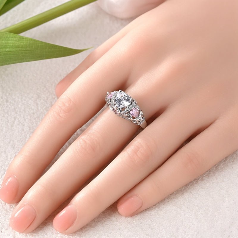 Pangama Jewelry Sparkling Crown Ring with Pink and Clear Heart - Shaped Stones
