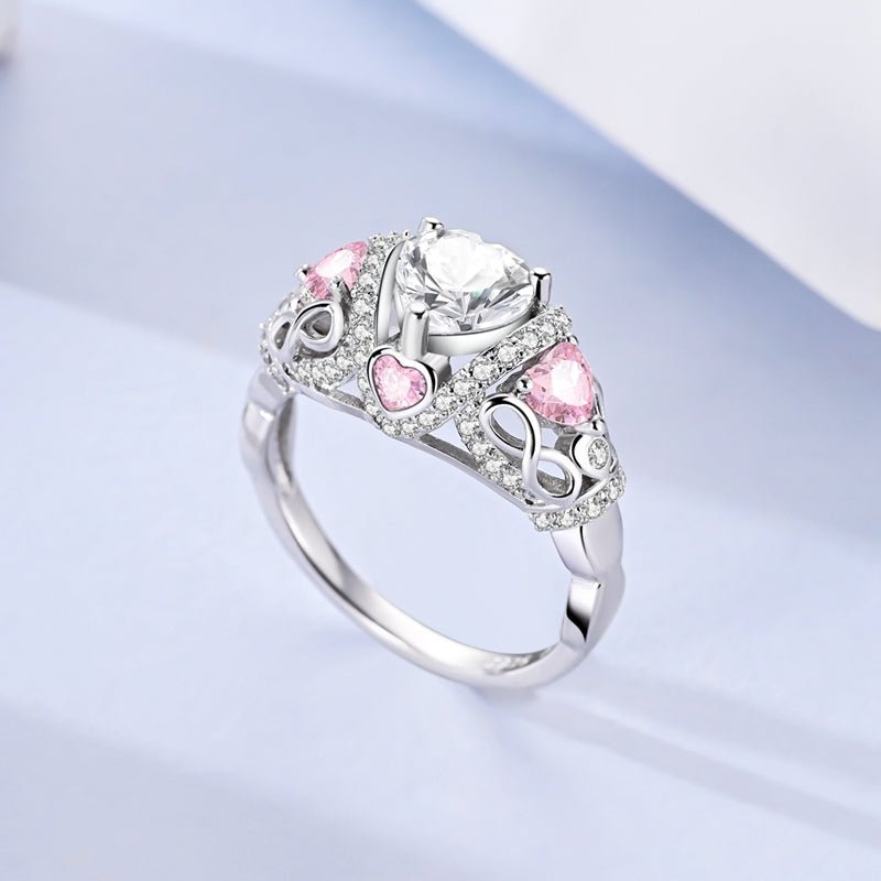 Pangama Jewelry Sparkling Crown Ring with Pink and Clear Heart - Shaped Stones