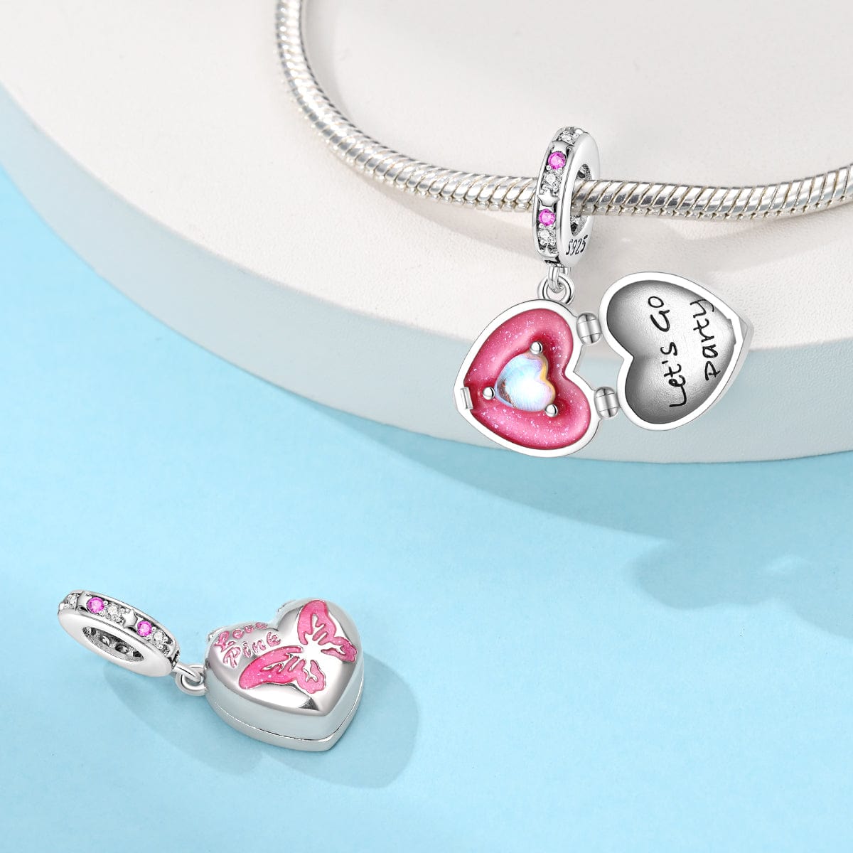 Pangama Jewelry Sparkling Pink Heart Locket with 'Let's Go Party' Inner Heart Charm