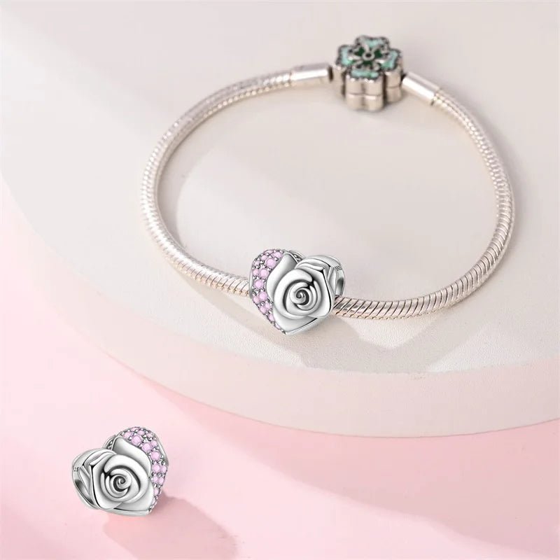 Pangama Jewelry Blooming Rose & Pink Pavé Heart Charm