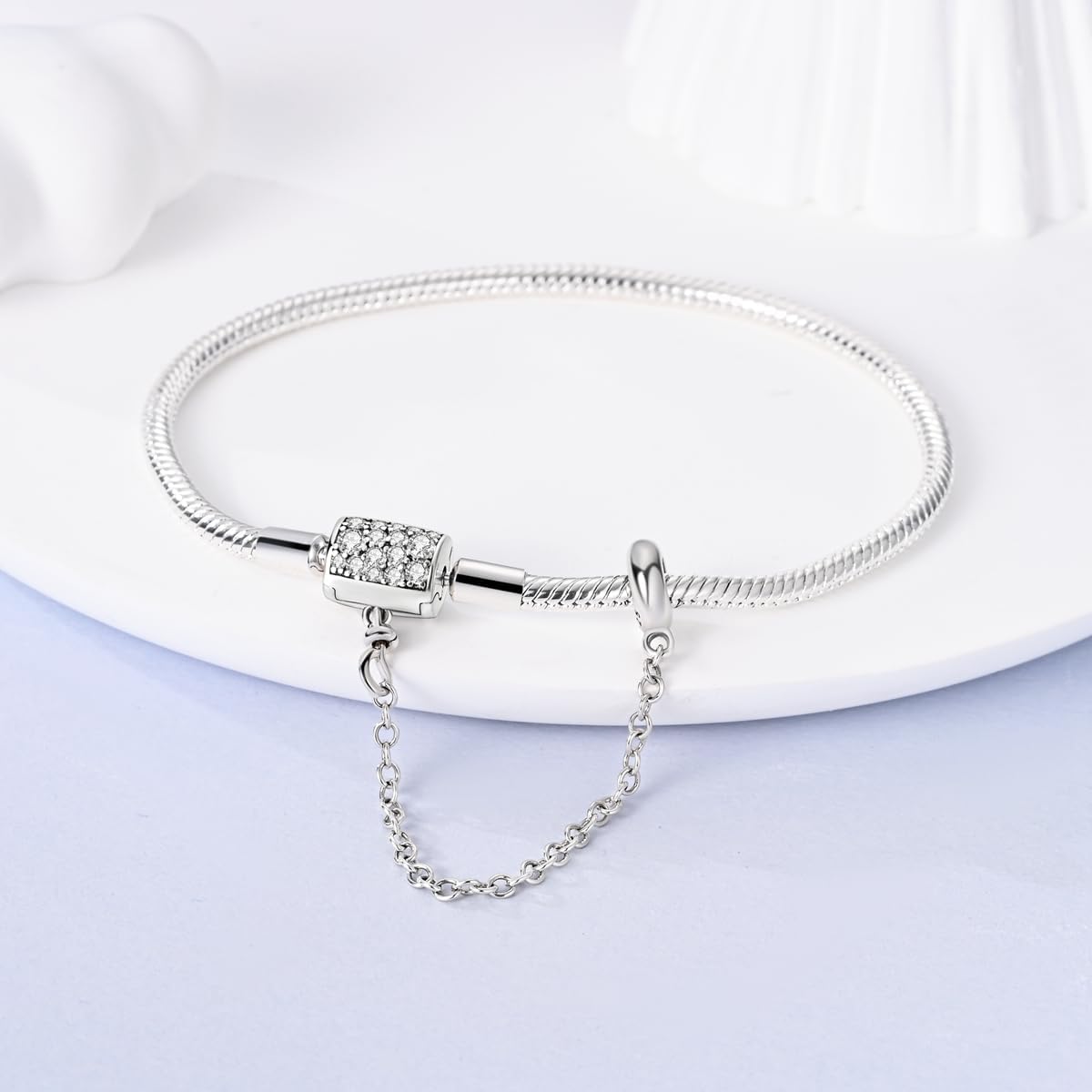 Pangama Jewelry Sterling Silver Bracelet with Sparkling Pavé Clasp and Safety Chain