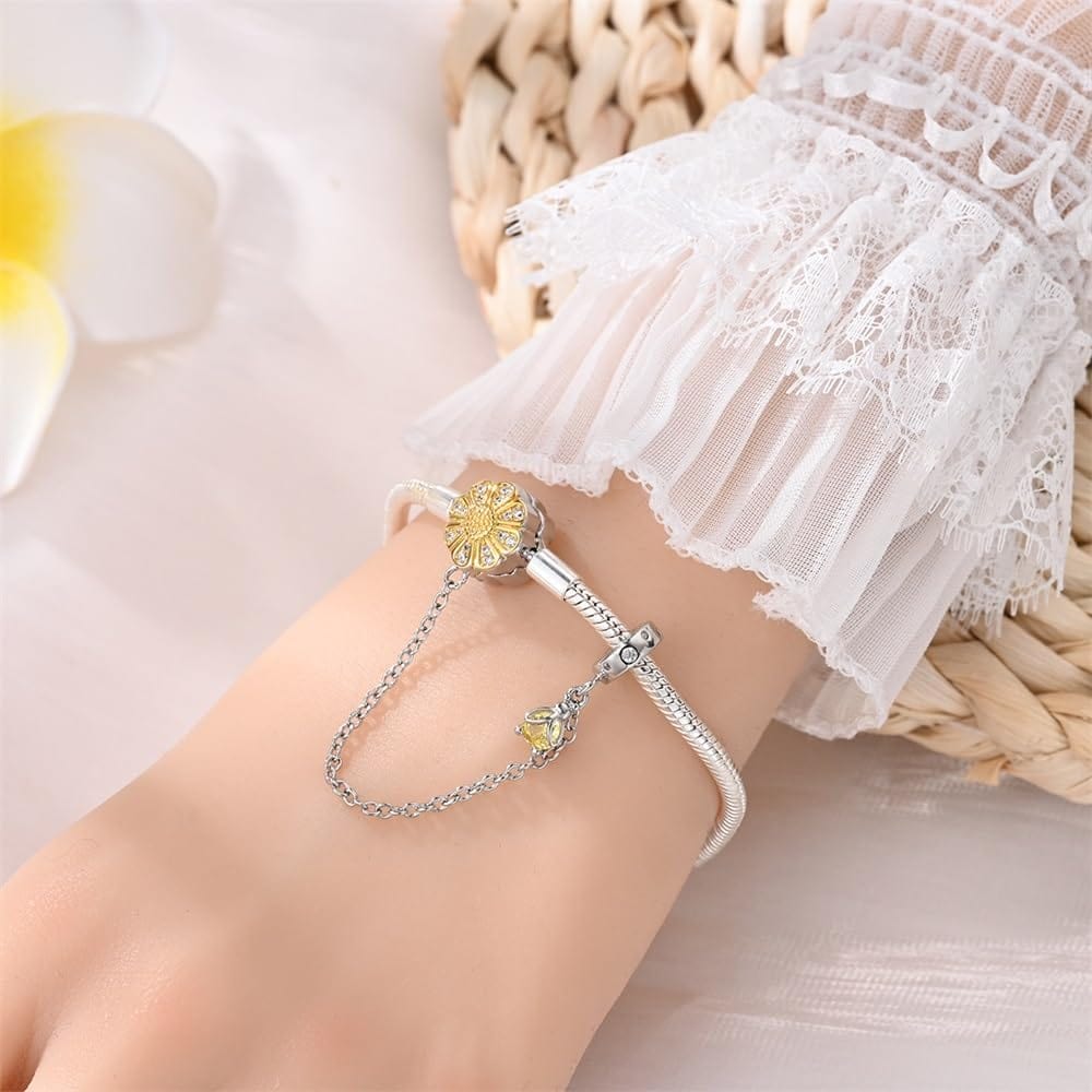 Pangama Jewelry Sunflower Charm Bracelet with Safety Chain and Dangle