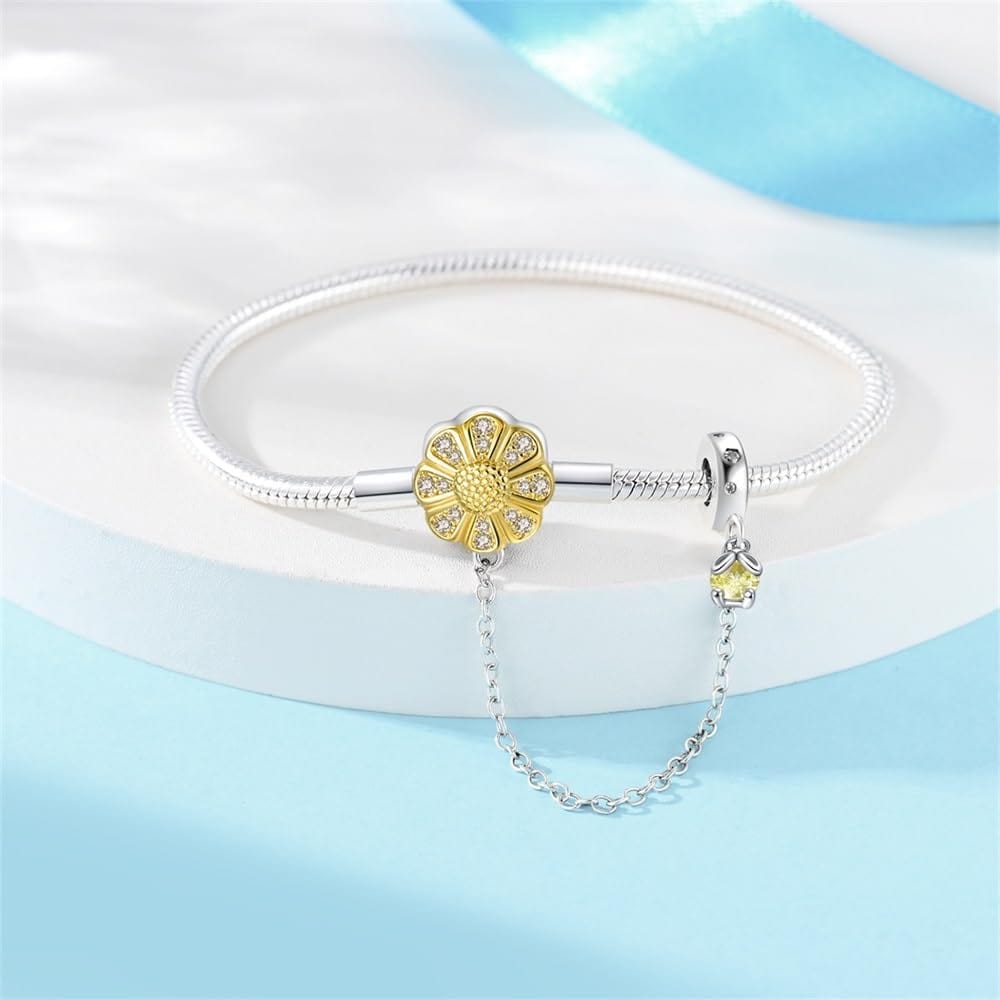 Pangama Jewelry Sunflower Charm Bracelet with Safety Chain and Dangle