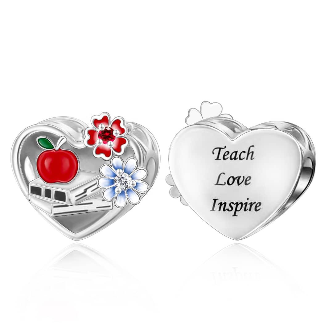 Pangama Jewelry Teacher Appreciation Apple & Books "Teach Love Inspire" Heart Charm