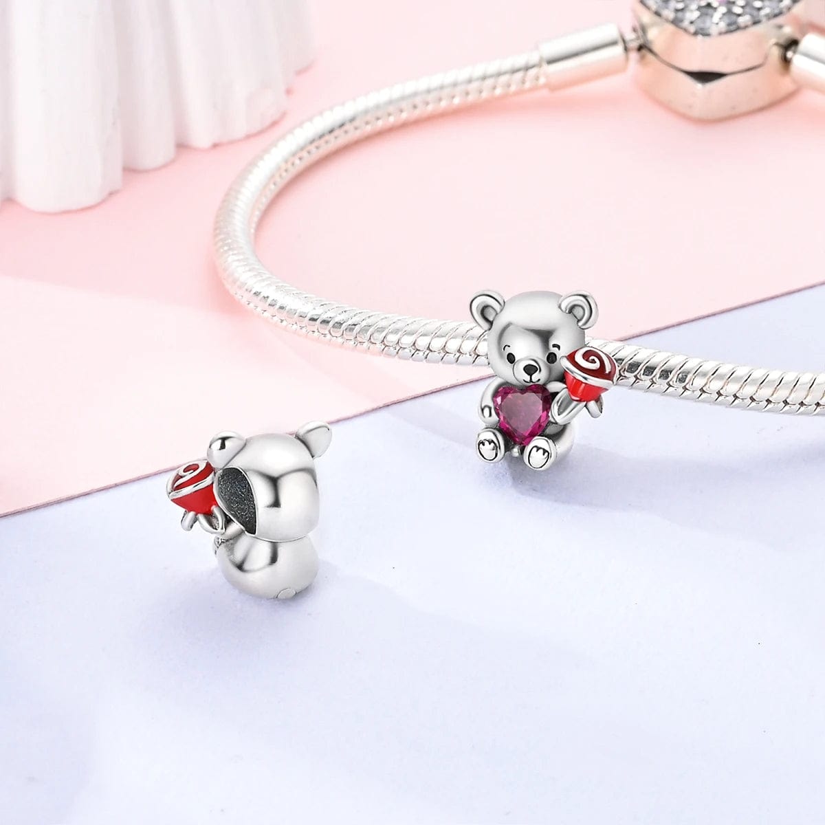 Pangama Jewelry Teddy Bear Holding a Heart & Rose Love Charm