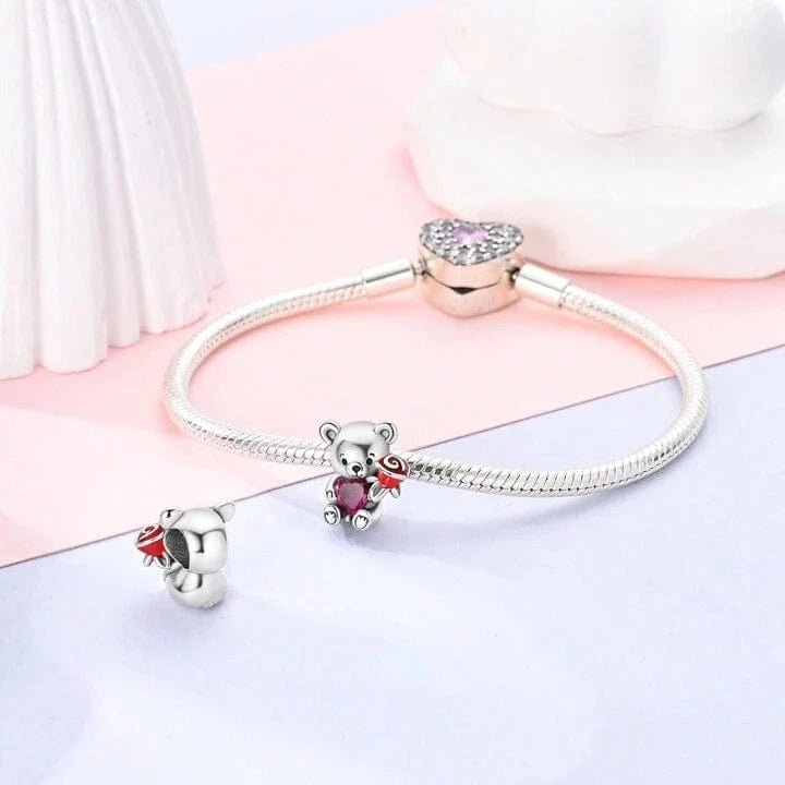 Pangama Jewelry Teddy Bear Holding a Heart & Rose Love Charm