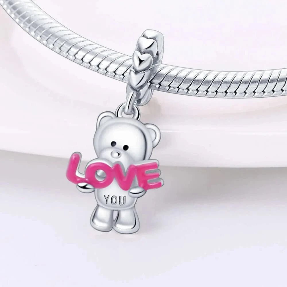 Pangama Jewelry Teddy Bear Holding 'Love You' Pink Dangle Charm