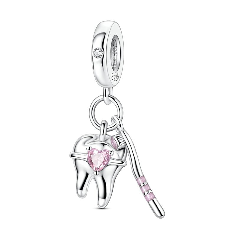 Pangama Jewelry Tooth & Toothbrush Pink Heart Dangle Charm