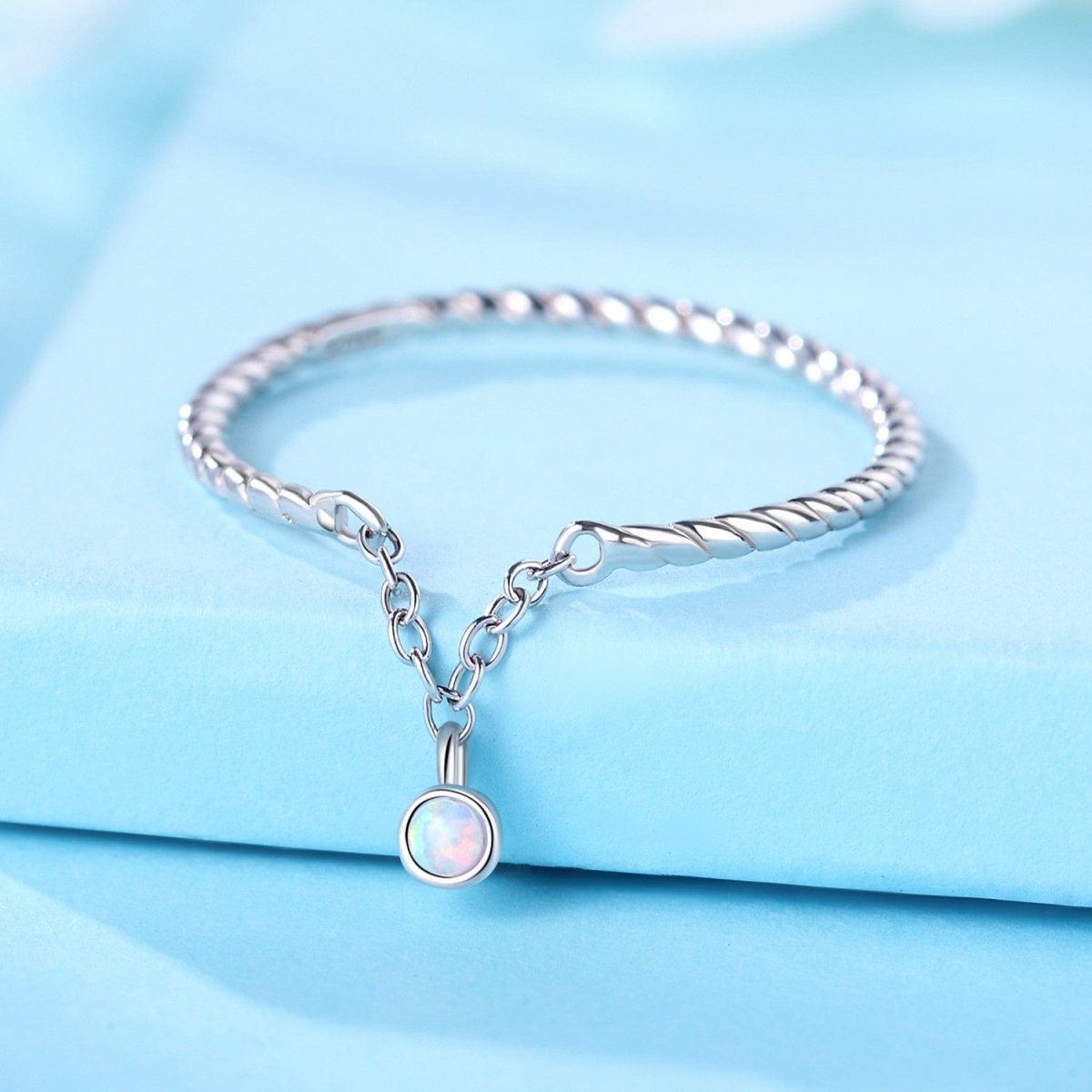 Pangama Jewelry Twisted Rope Sterling Silver Ring with Dainty Opal