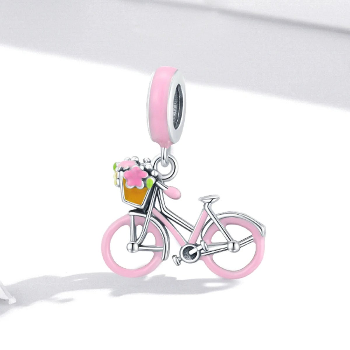 Pangama Jewelry Pink Bicycle with Flower Basket Dangle Charm
