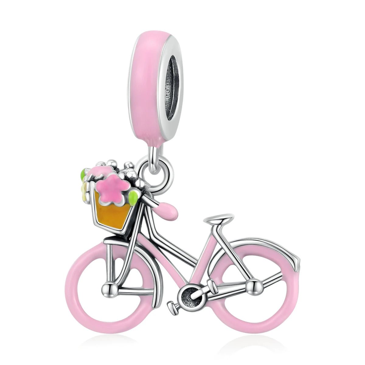 Pangama Jewelry Pink Bicycle with Flower Basket Dangle Charm