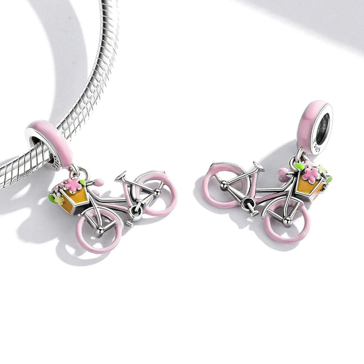 Pangama Jewelry Pink Bicycle with Flower Basket Dangle Charm
