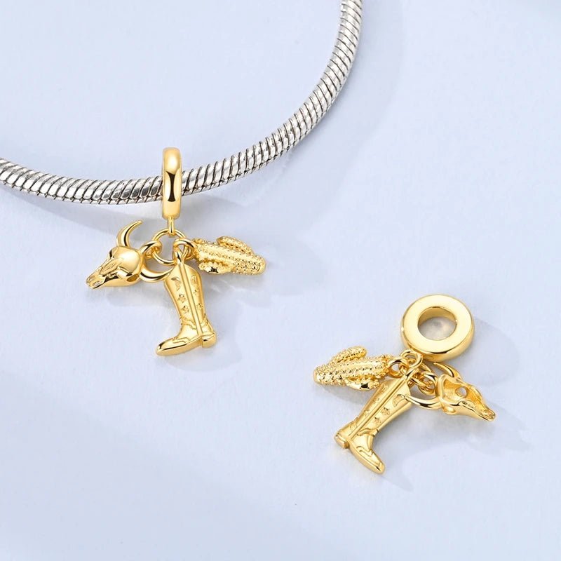 Pangama Jewelry Western Cowboy Boot, Bull Skull & Cactus Dangle Charm