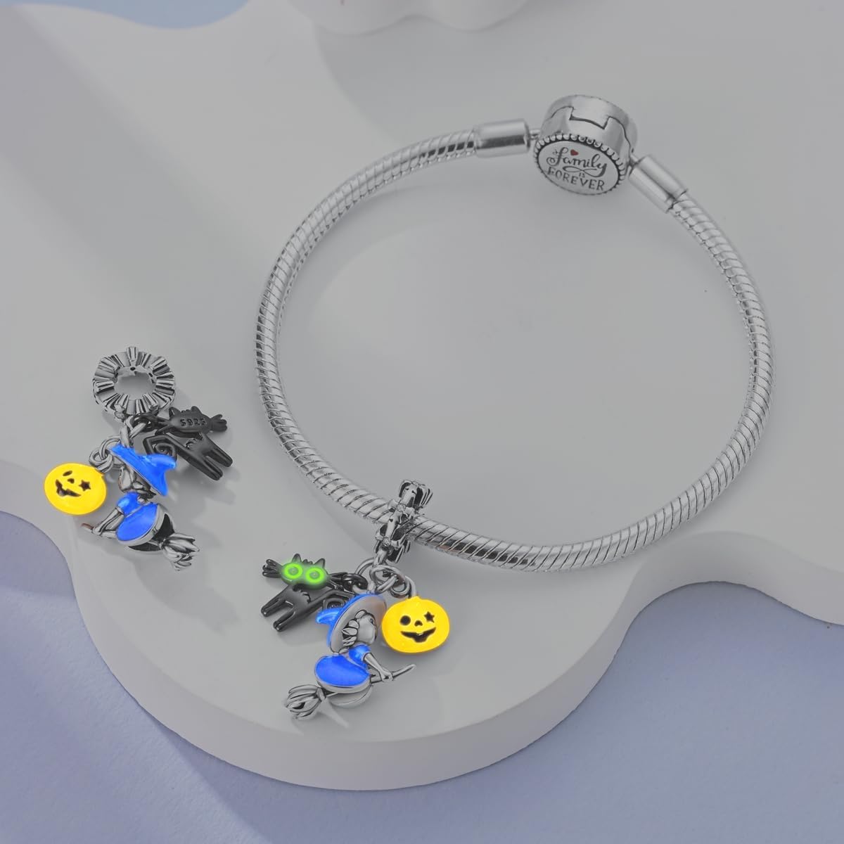 Pangama Jewelry Witch on Broomstick, Luminous Cat & Pumpkin Triple Dangle Charm