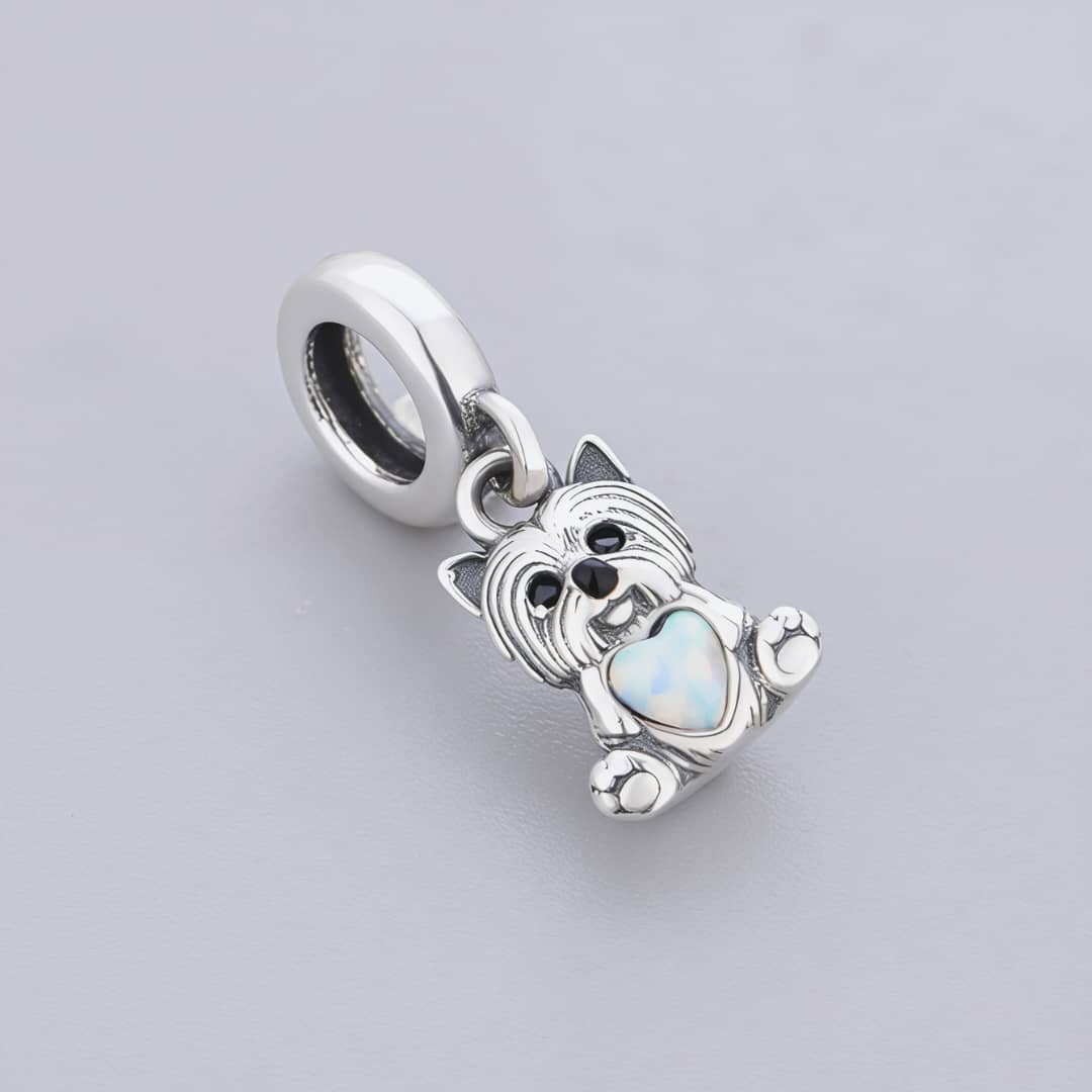 Pangama Jewelry Yorkshire Terrier Dog with Heart Stone Dangle Charm