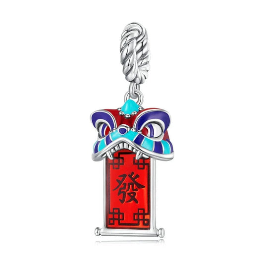 Chinese Awakening Lion with Red Rich Sign Dangle Charm