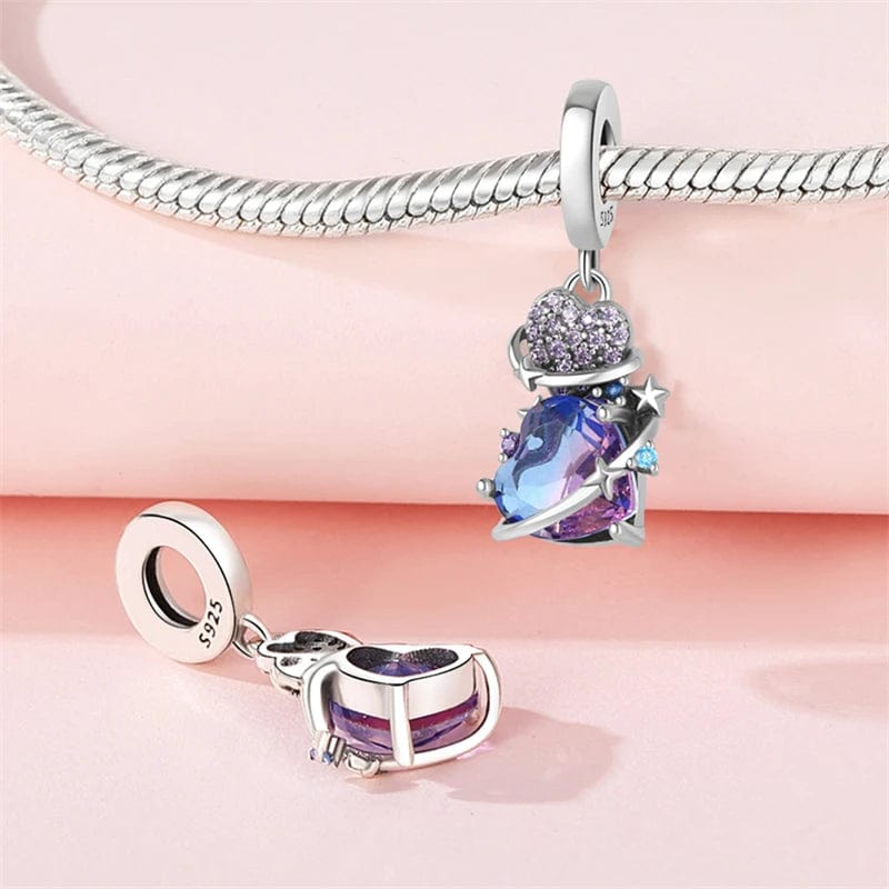 Romantic Universe Theme Stars Murano Glass Purple Heart Dangle Charm