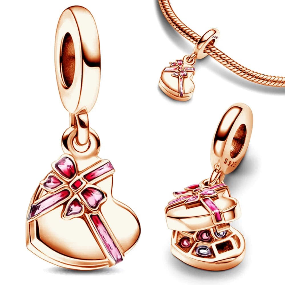 Rose Gold Openable Heart Chocolate Gift Box Dangle Charm