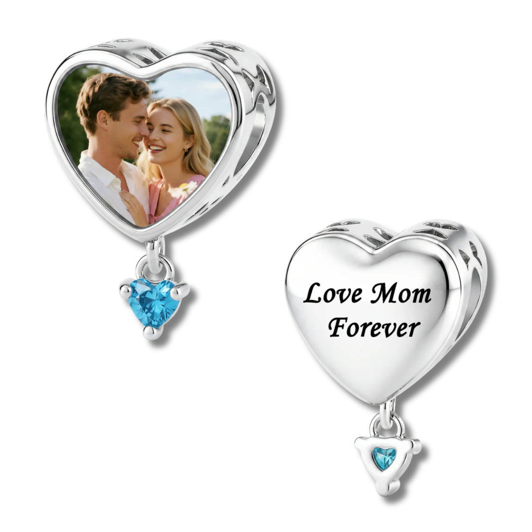 Charm colgante personalizado con foto y corazón grabado con piedra de nacimiento