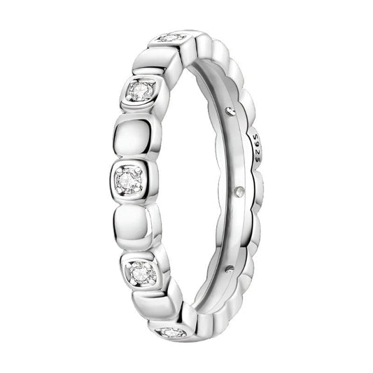Square Design Sterling Silver Band Ring with Clear Crystals