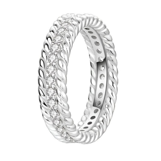 Rope Design Sterling Silver Ring with Dazzling Crystals 