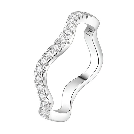 Elegant Sterling Silver Wavy Ring with Crystal Highlights 