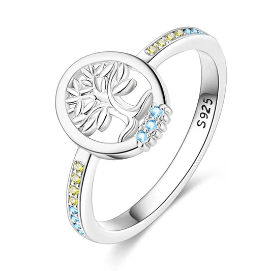 S925 Sterling Silver Tree of Life Ring with Blue and Yellow Accents
