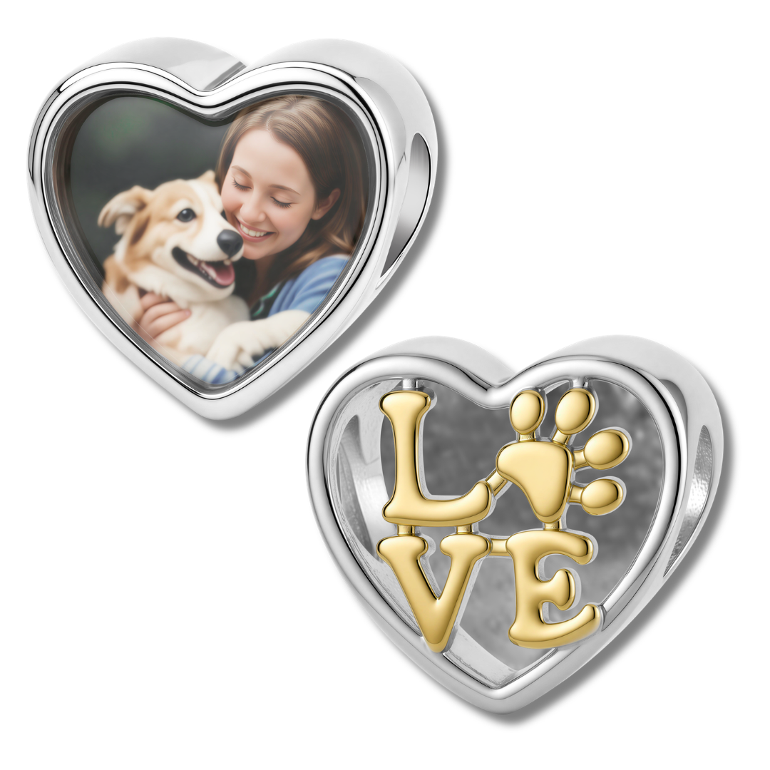 Charm de corazón de amor personalizado con foto de mascota y huella