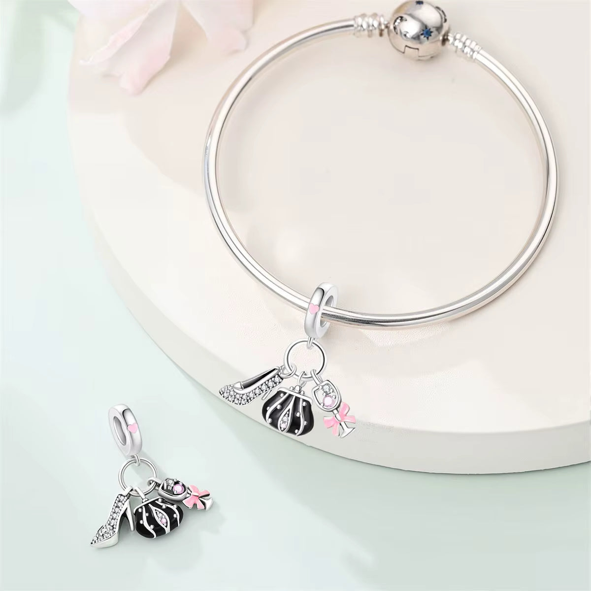 Fashion Handbag, Heel & Champagne Glass Dangle Charm