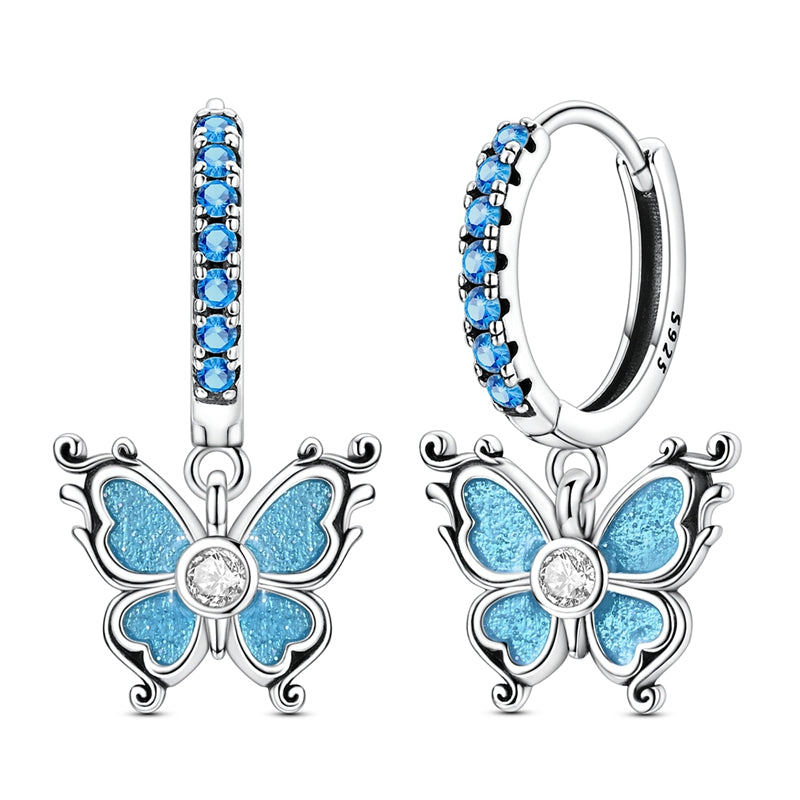 Blue Butterfly Dangle Hoop Earrings