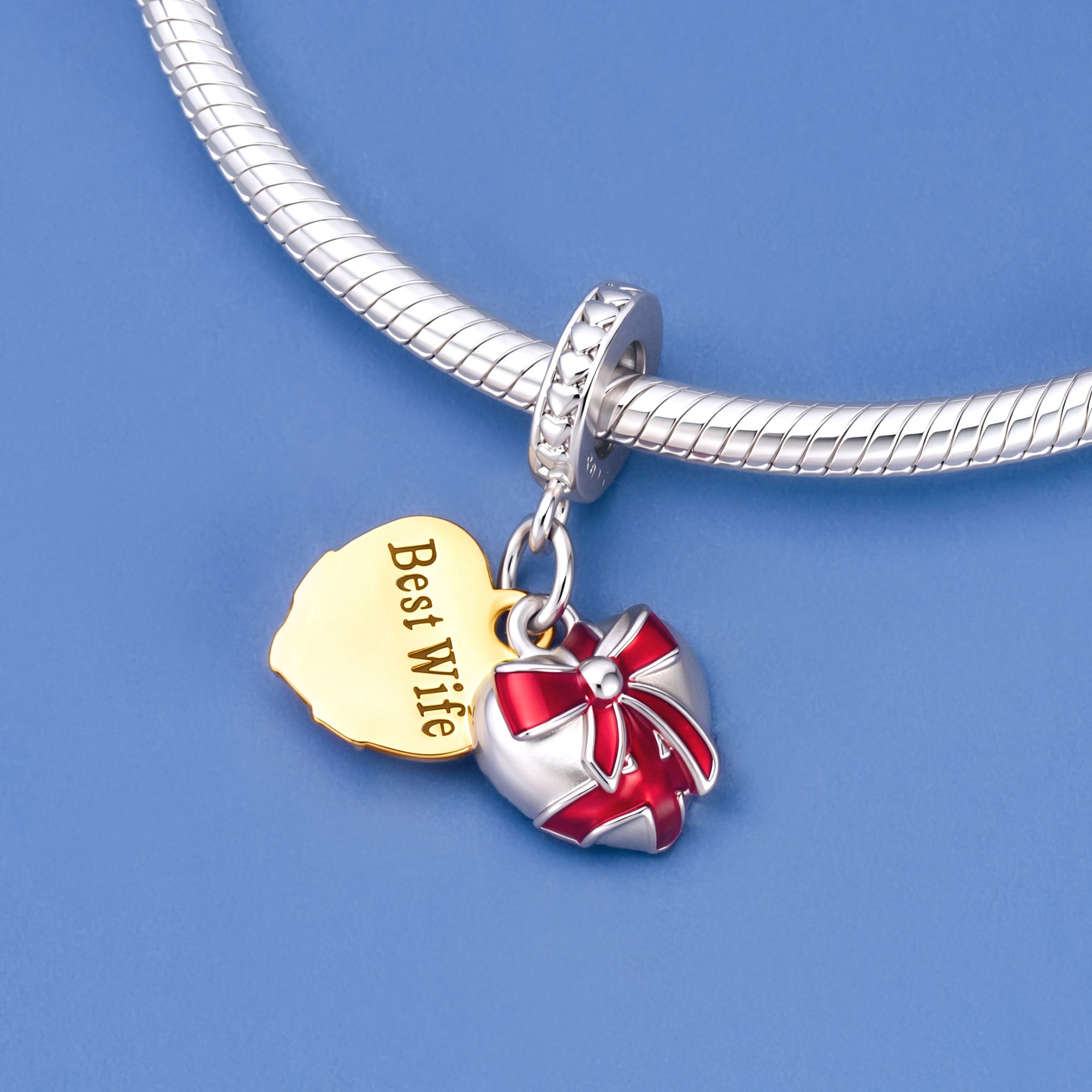 Best Wife Heart & Red Ribbon Dangle Charm