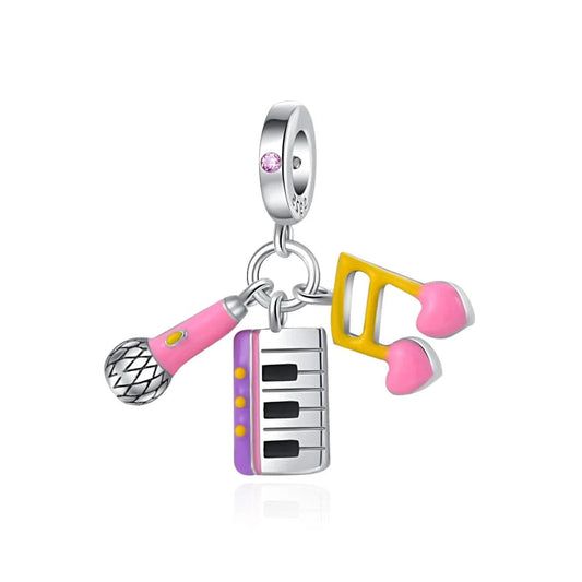 Microphone Piano and Note Music Triple Dangle Charm