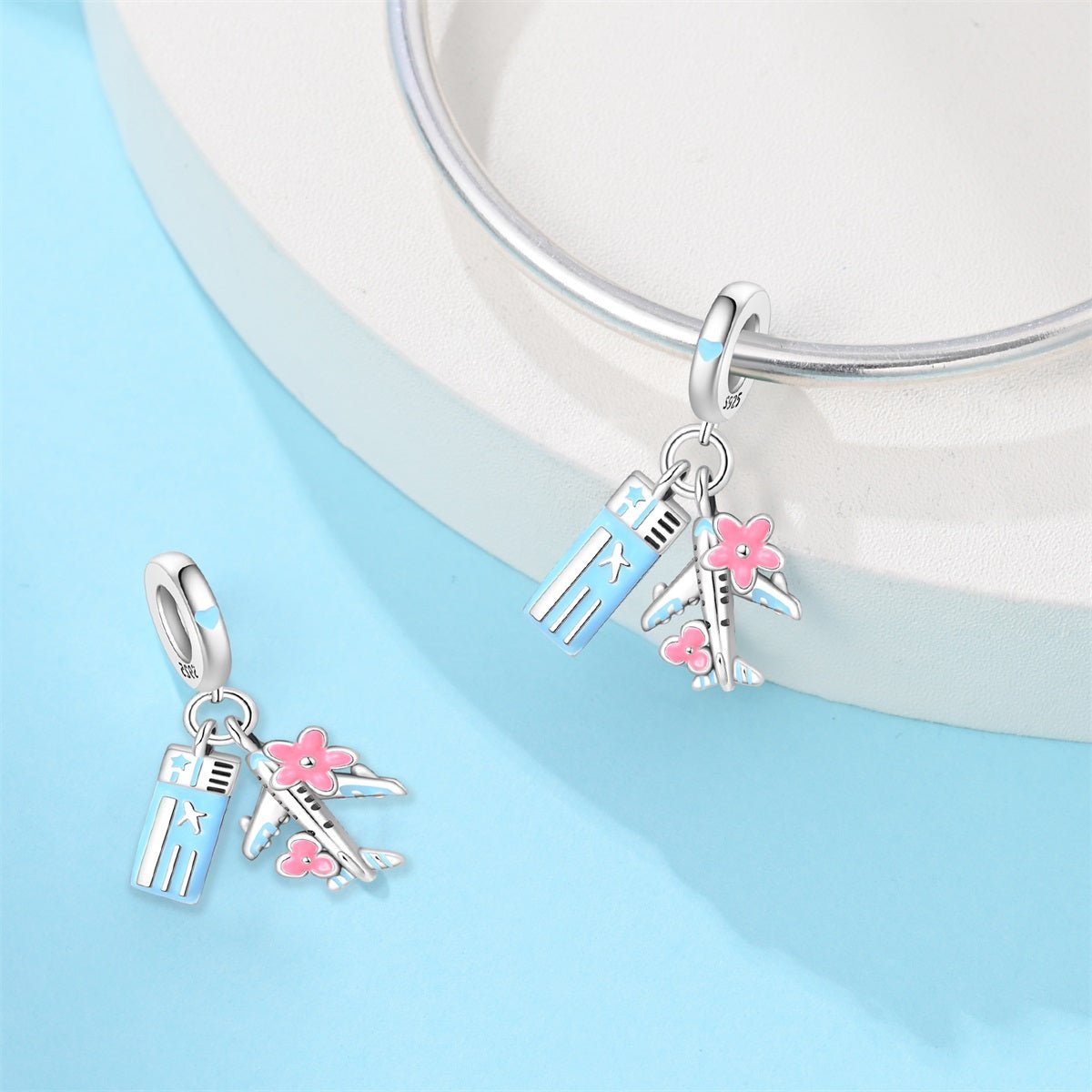 Pangama Jewelry Airplane with Ticket & Flowers Dangle Charm