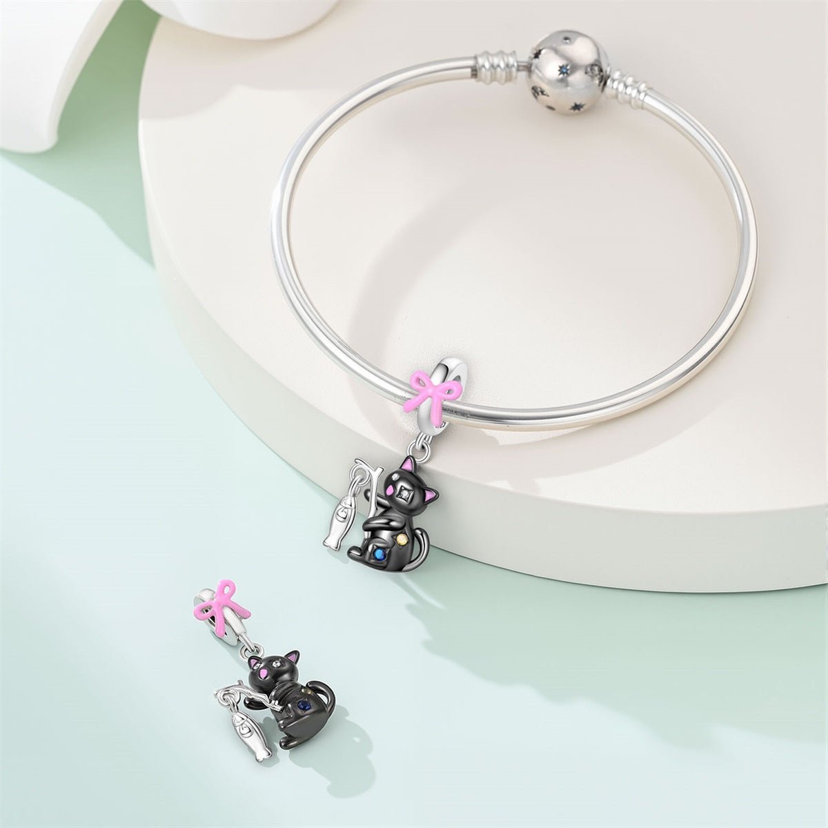 Pangama Jewelry Black Cat with Fishing Rod & Crystal Accents Dangle Charm