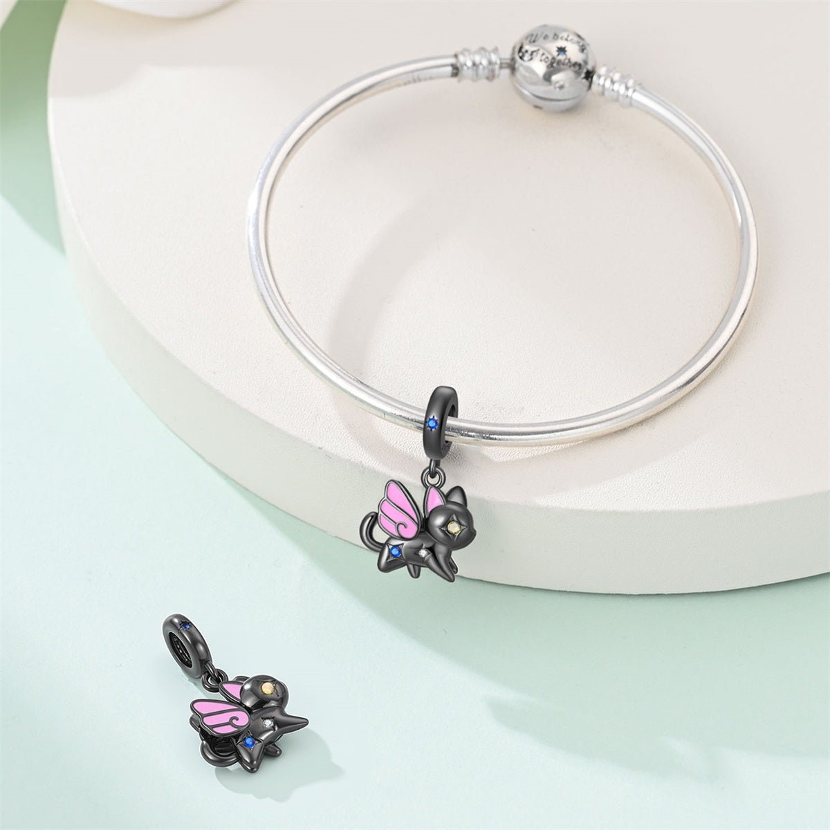 Pangama Jewelry Black Cat with Pink Fairy Wings Dangle Charm