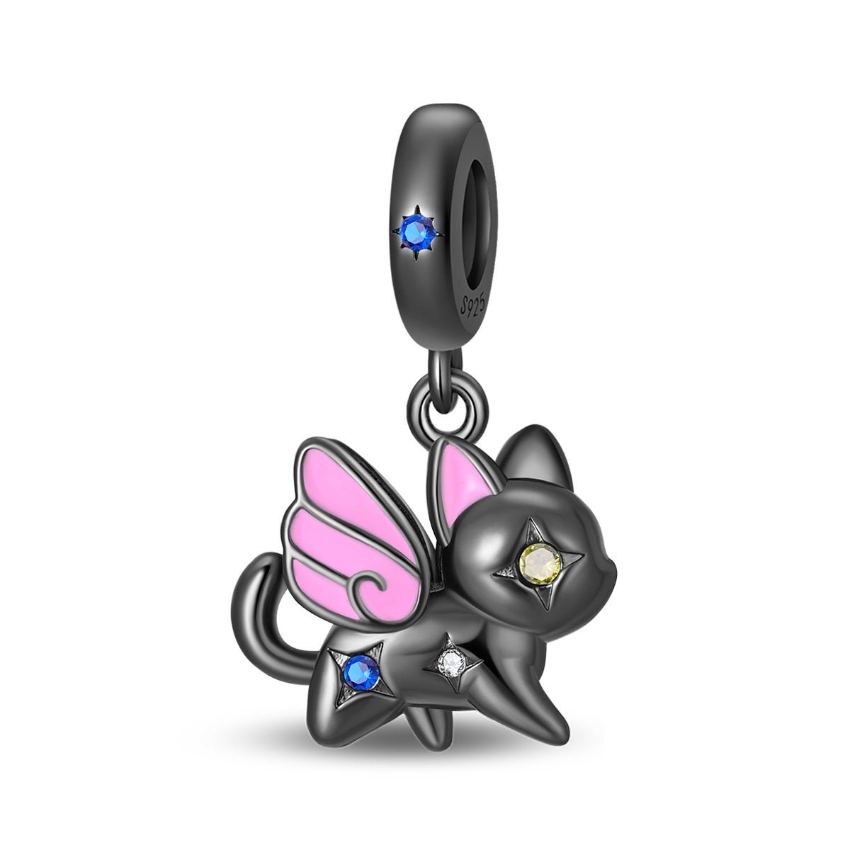 Pangama Jewelry Black Cat with Pink Fairy Wings Dangle Charm