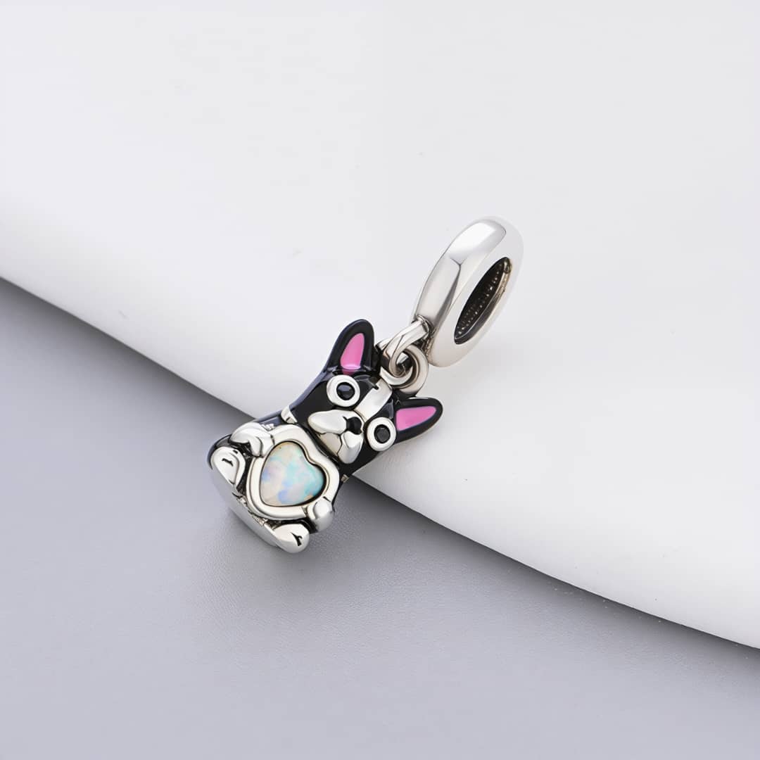 Pangama Jewelry Black French Bulldog with Heart Stone Dangle Charm
