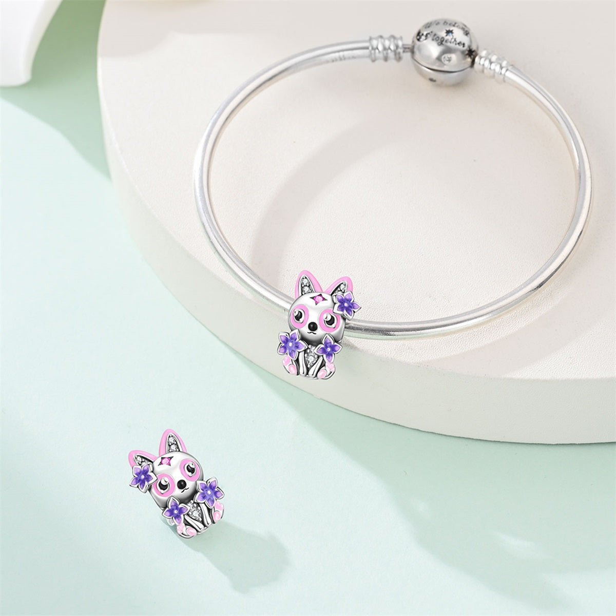 Pangama Jewelry Cat with Pink & Purple Flowers Charm