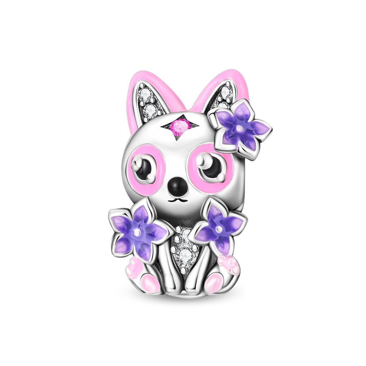 Pangama Jewelry Cat with Pink & Purple Flowers Charm