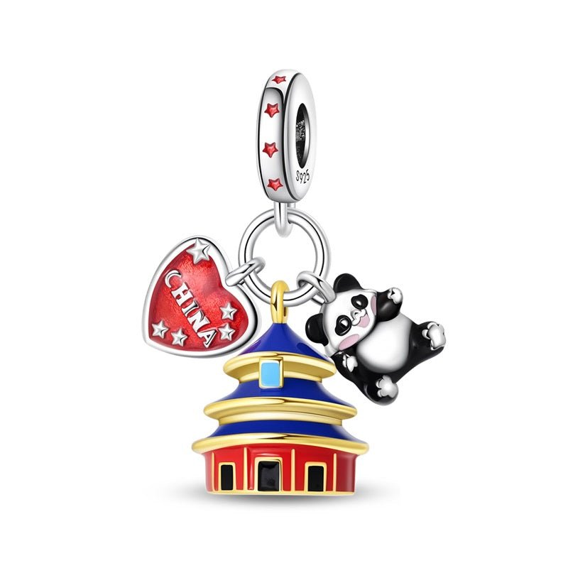 Pangama Jewelry China Temple, Panda & Heart Flag Dangle Charm