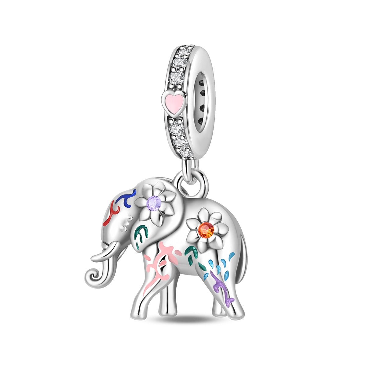 Pangama Jewelry Colorful Elephant with Floral Accents Dangle Charm