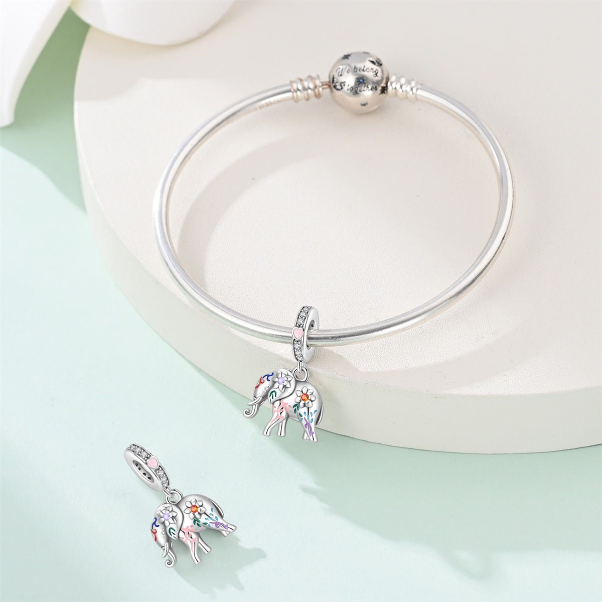 Pangama Jewelry Colorful Elephant with Floral Accents Dangle Charm