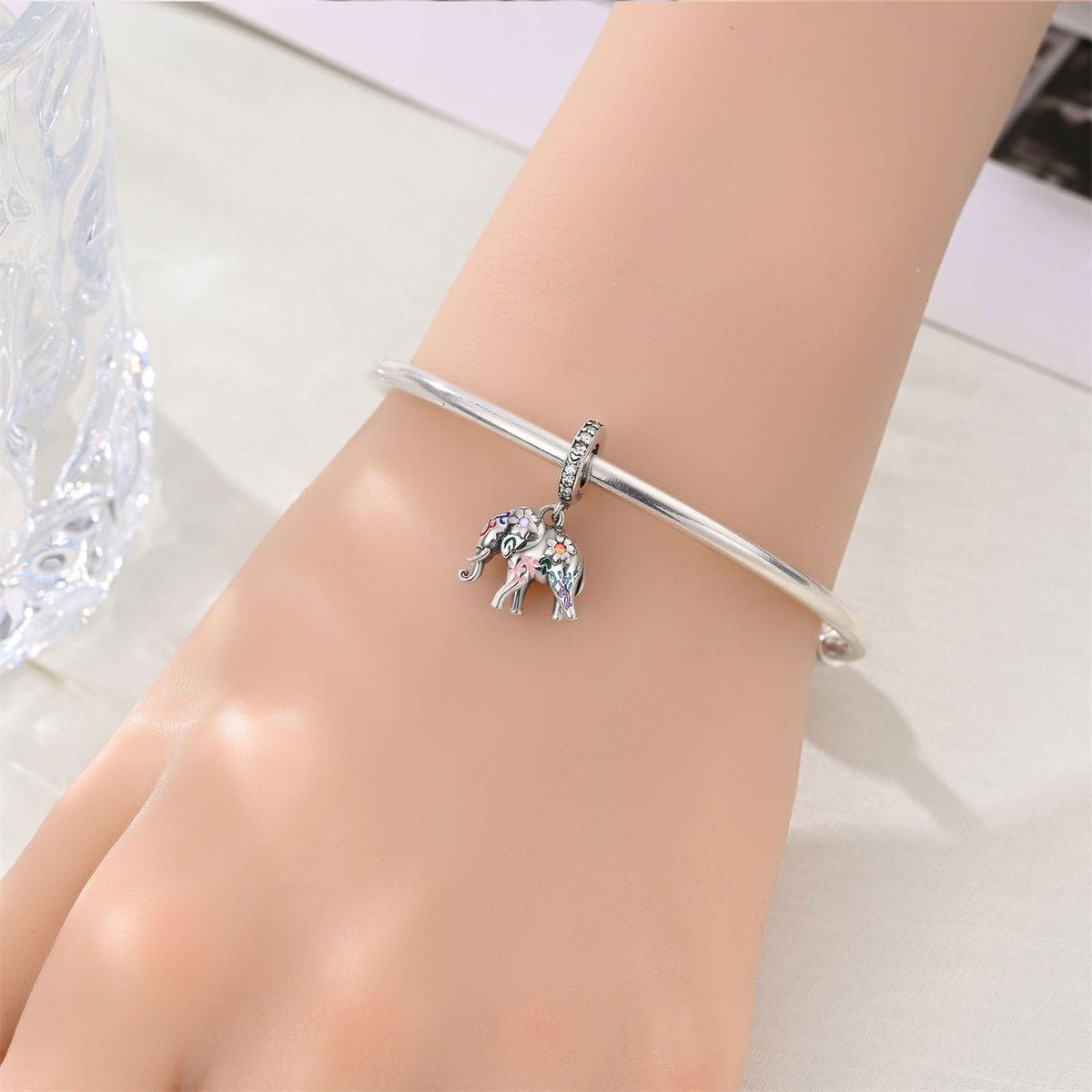 Pangama Jewelry Colorful Elephant with Floral Accents Dangle Charm