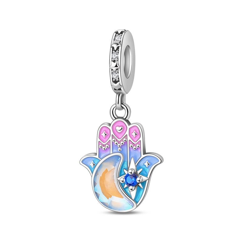 Colorful Hamsa Hand with Moon Star Dangle Charm