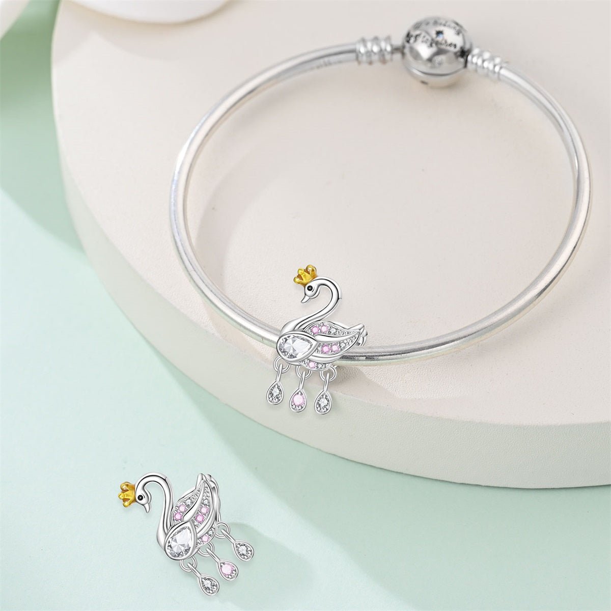 Pangama Jewelry Crowned Swan with Pink Gem Dangle Charm