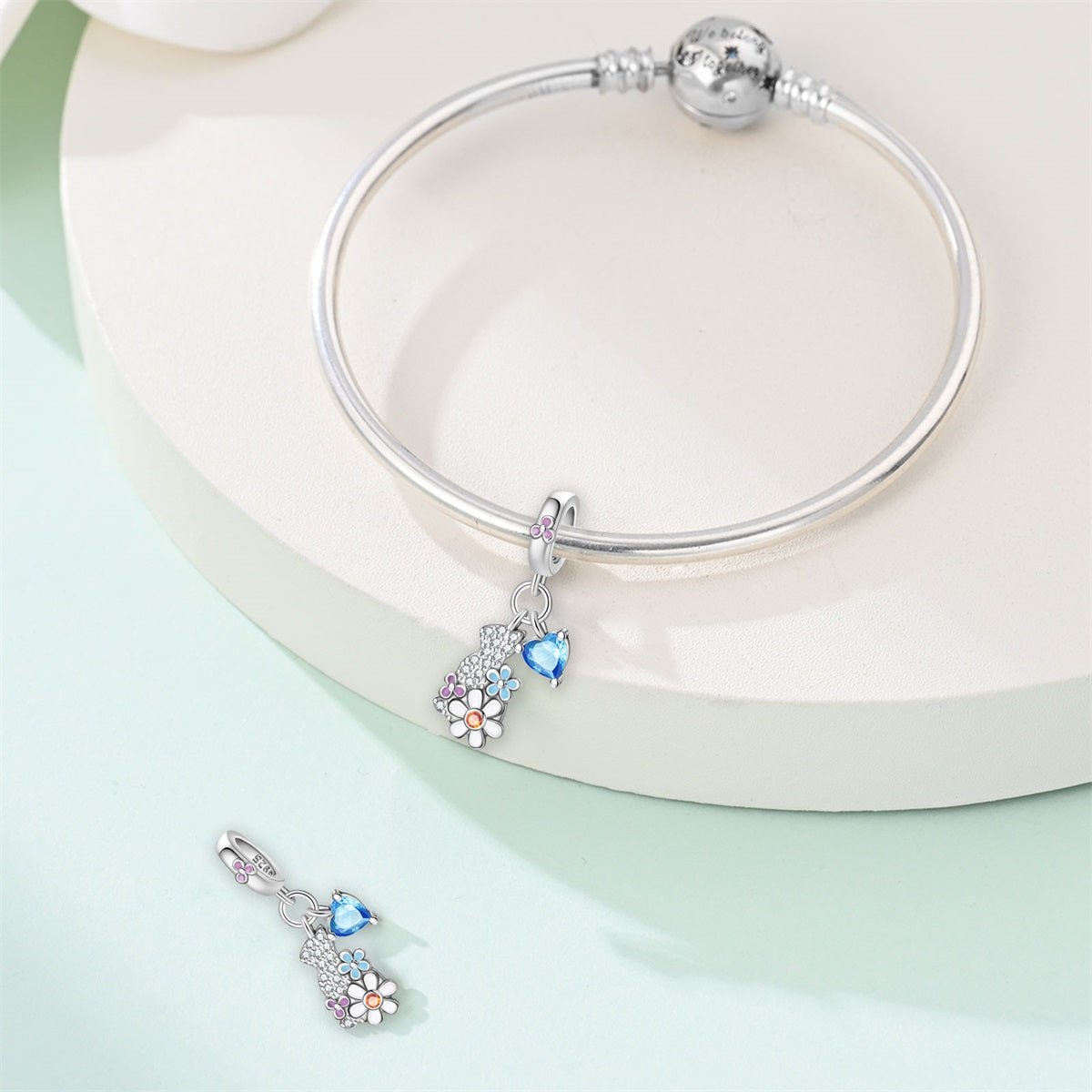 Pangama Jewelry Crystal Cat, Flowers, & Blue Heart Dangle Charm