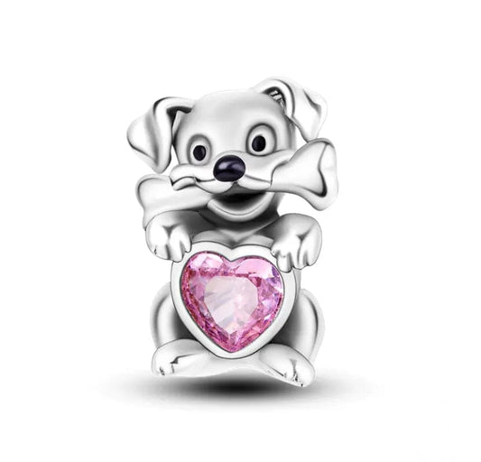 Dog Holding Pink Heart Charm