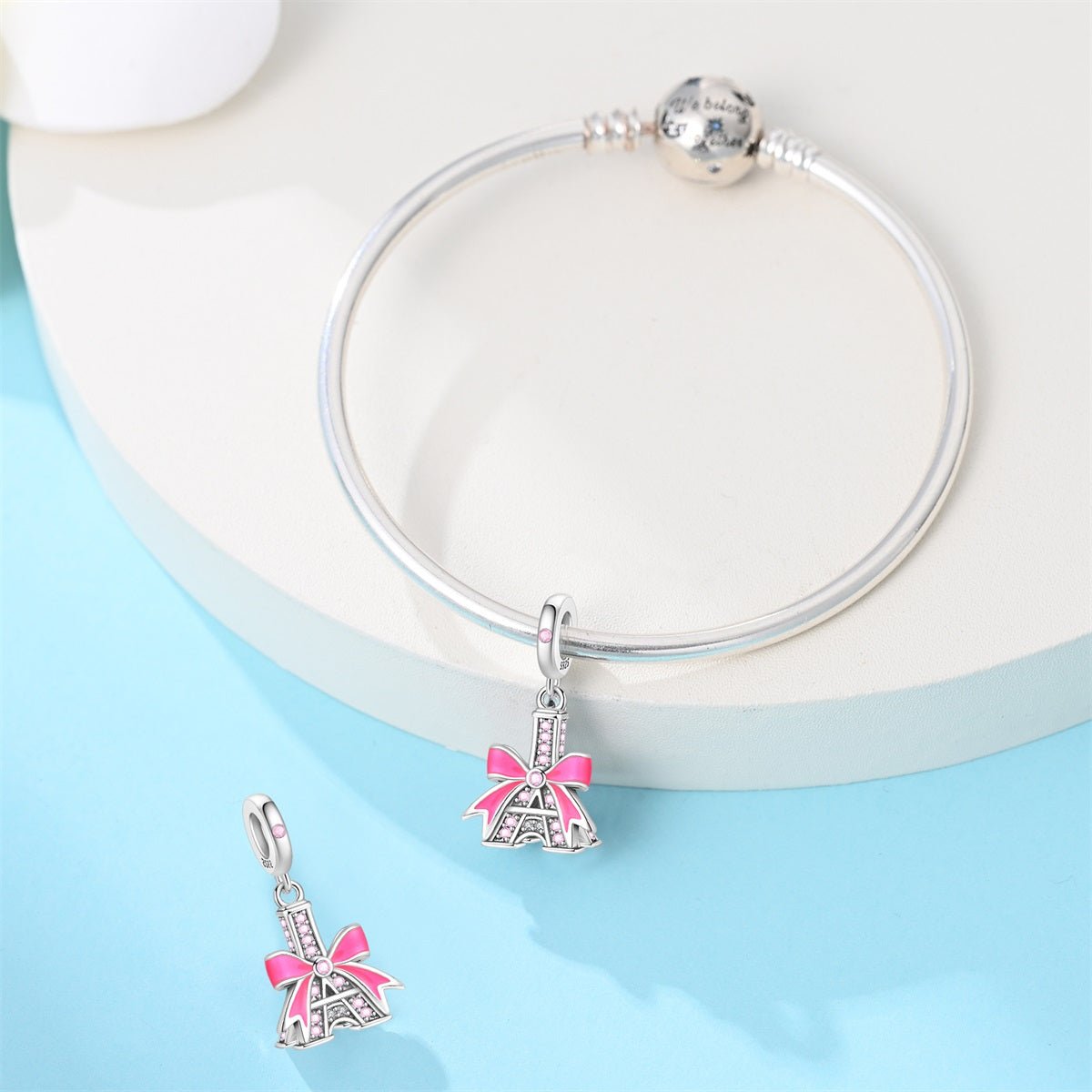 Pangama Jewelry Eiffel Tower with Pink Bow Dangle Charm